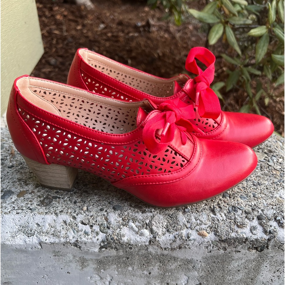 Red Perforated Tie-Front Heels - Women